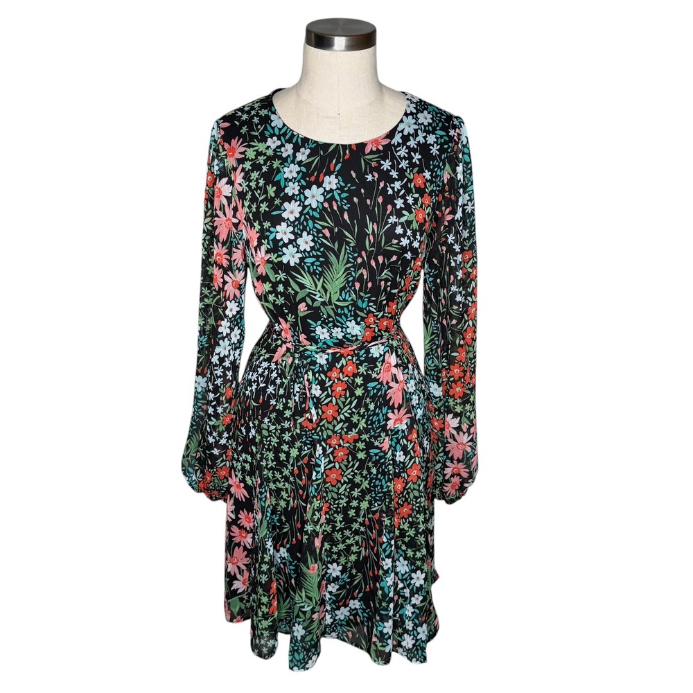 TOMMY‎ HILFIGER Dress Black Floral Sheer Colorful Long Sleeve Women's Size 8 NEW